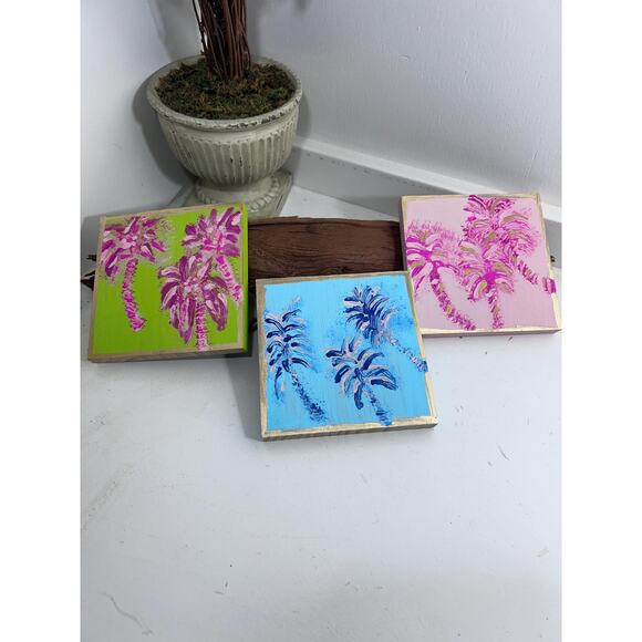 Lilly Inspired Palm Tree Art Decor Pink Green Hand Painted Wall Art 5x5 Wood - Picture 9 of 9